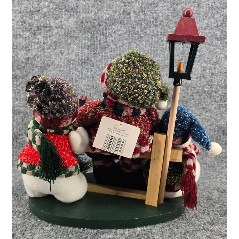 Vintage Snowman Plush Family Holiday Display Multicolor Scarves Wood Accents Y2K